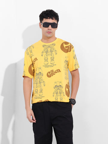 Men's Yellow Boxy Oversized All Over Print Round Neck T-shirt