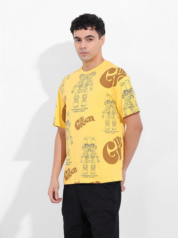 Men's Yellow Boxy Oversized All Over Print Round Neck T-shirt