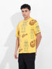 Men's Yellow Boxy Oversized All Over Print Round Neck T-shirt