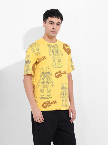 Men's Yellow Boxy Oversized All Over Print Round Neck T-shirt