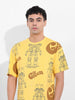 Men's Yellow Boxy Oversized All Over Print Round Neck T-shirt
