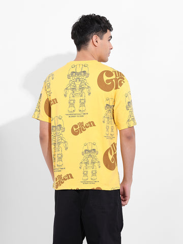 Men's Yellow Boxy Oversized All Over Print Round Neck T-shirt