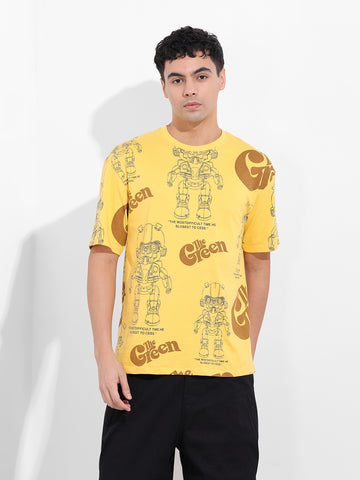 Men's Yellow Boxy Oversized All Over Print Round Neck T-shirt