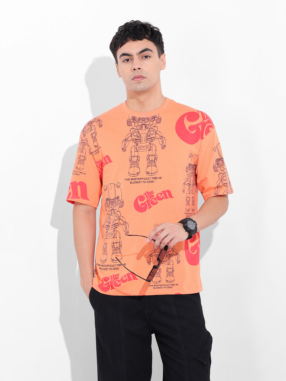 Men's Orange Boxy Oversized All Over Print Round Neck T-shirt