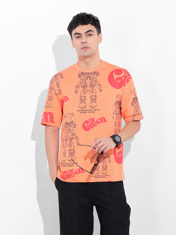 Men's Orange Boxy Oversized All Over Print Round Neck T-shirt