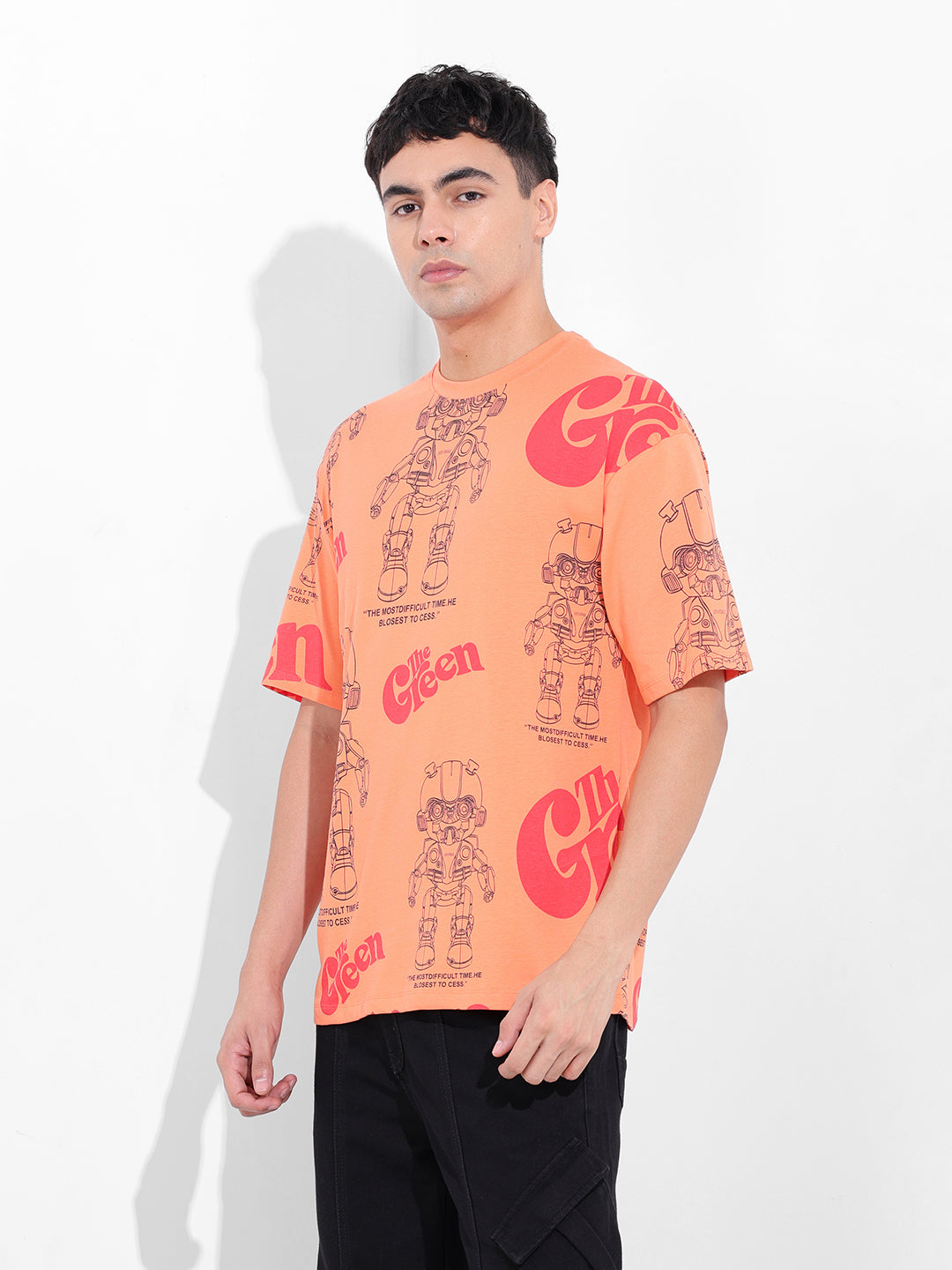 Men's Orange Boxy Oversized All Over Print Round Neck T-shirt