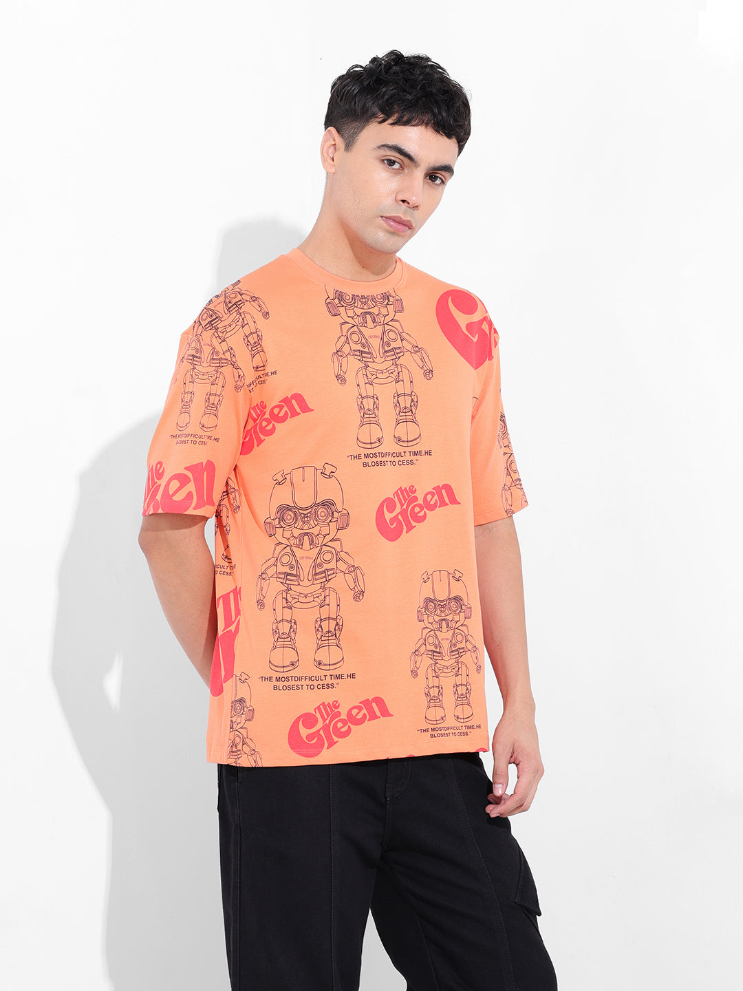 Men's Orange Boxy Oversized All Over Print Round Neck T-shirt