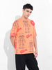 Men's Orange Boxy Oversized All Over Print Round Neck T-shirt
