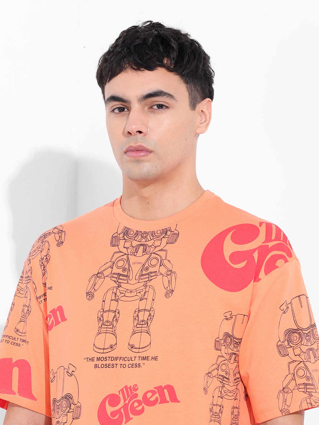 Men's Orange Boxy Oversized All Over Print Round Neck T-shirt
