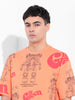 Men's Orange Boxy Oversized All Over Print Round Neck T-shirt