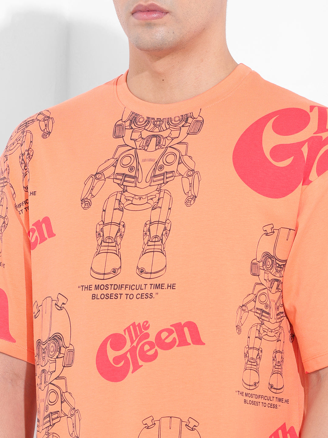 Men's Orange Boxy Oversized All Over Print Round Neck T-shirt