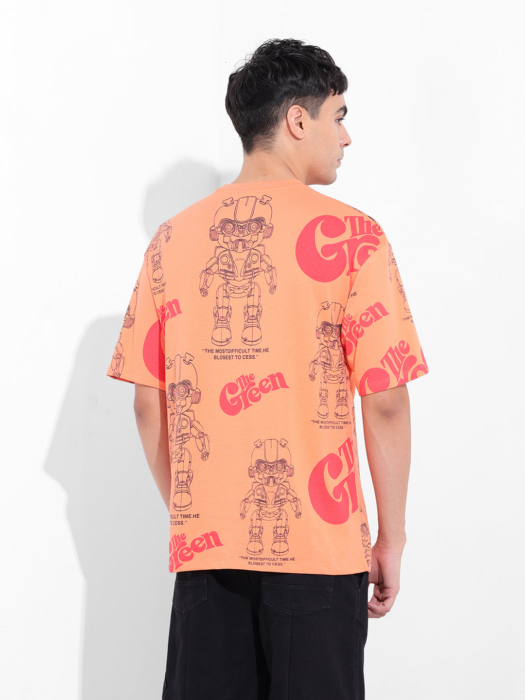Men's Orange Boxy Oversized All Over Print Round Neck T-shirt