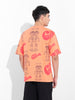 Men's Orange Boxy Oversized All Over Print Round Neck T-shirt