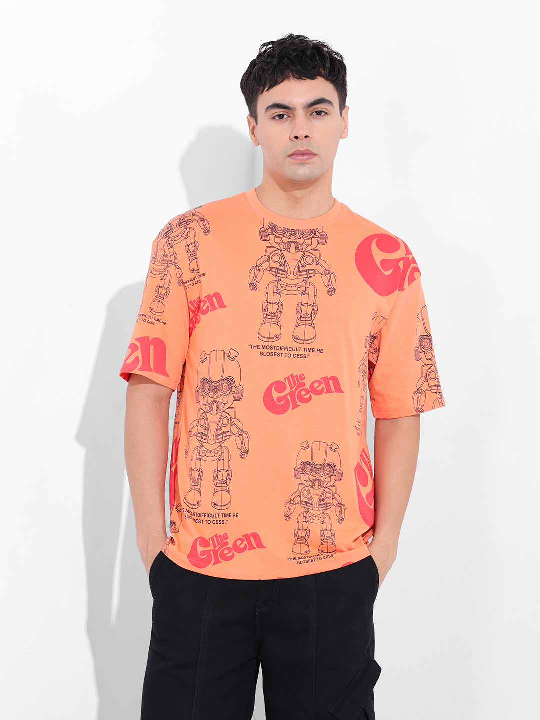Men's Orange Boxy Oversized All Over Print Round Neck T-shirt