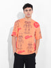 Men's Orange Boxy Oversized All Over Print Round Neck T-shirt