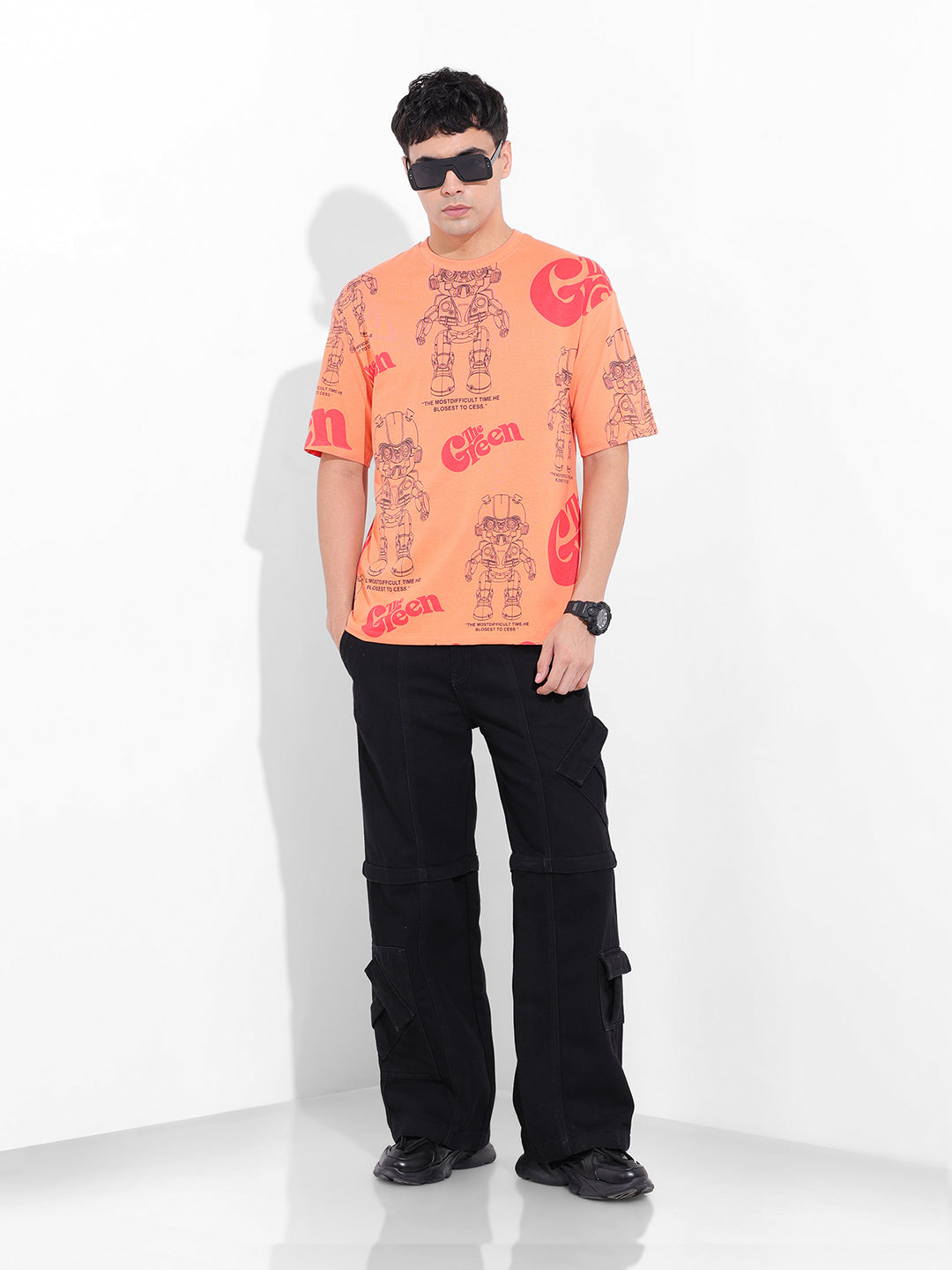 Men's Orange Boxy Oversized All Over Print Round Neck T-shirt