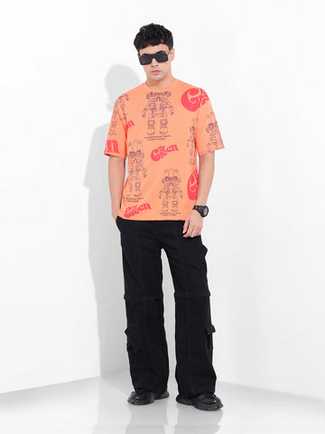 Men's Orange Boxy Oversized All Over Print Round Neck T-shirt