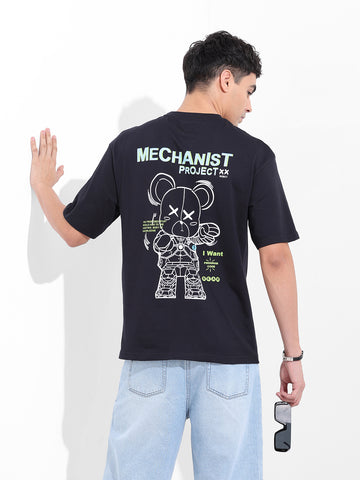 Men's Black Boxy Oversized Graphic Back Printed Round Neck T-shirt