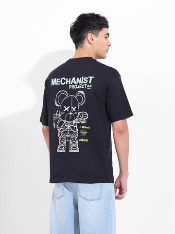 Men's Black Boxy Oversized Graphic Back Printed Round Neck T-shirt