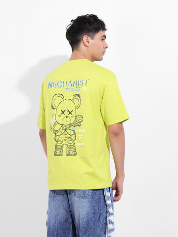 Men's Green Boxy Oversized Graphic Back Printed Round Neck T-shirt