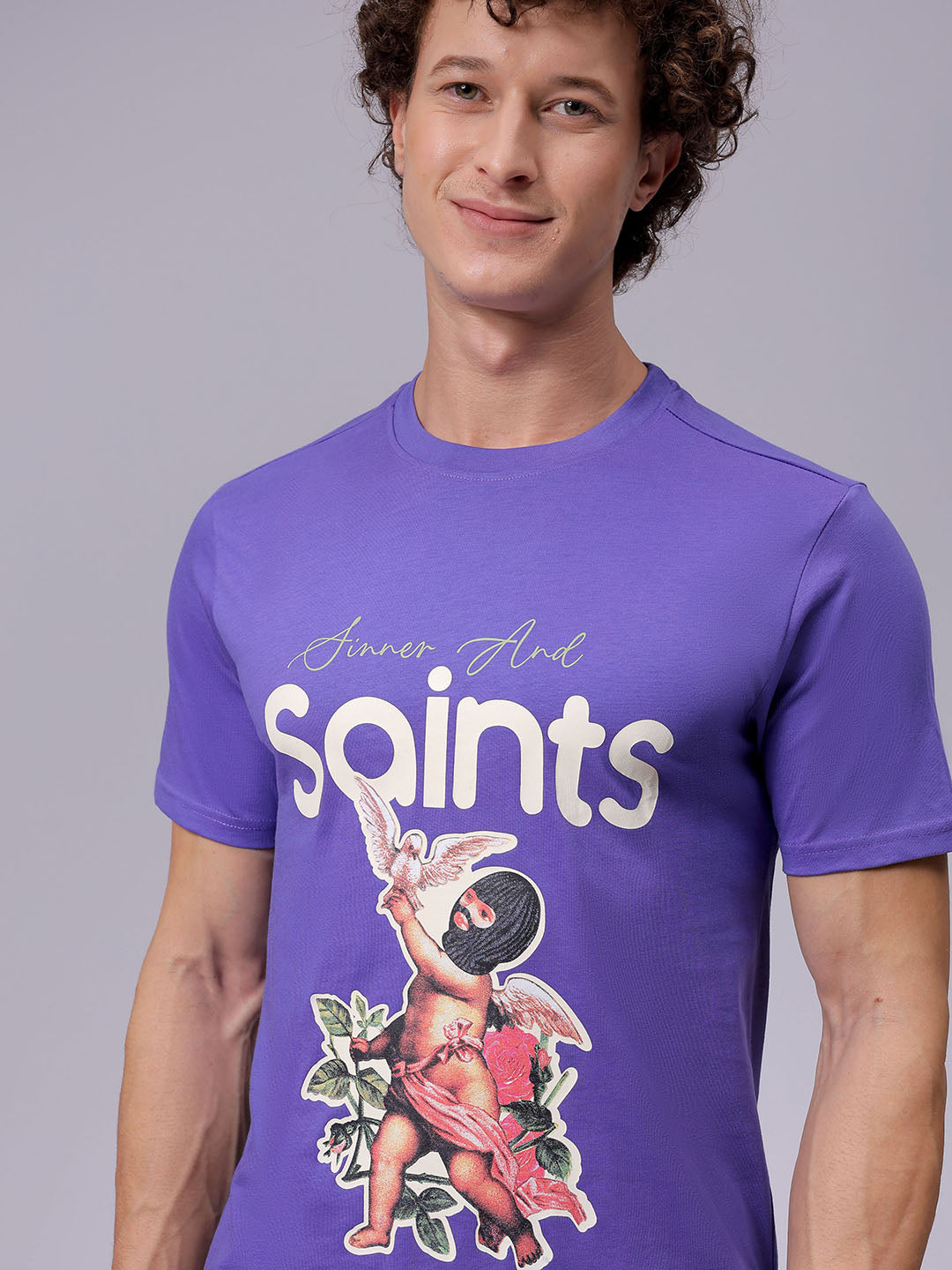 Men's Purple Slim Fit Placement Print Round Neck T-shirt