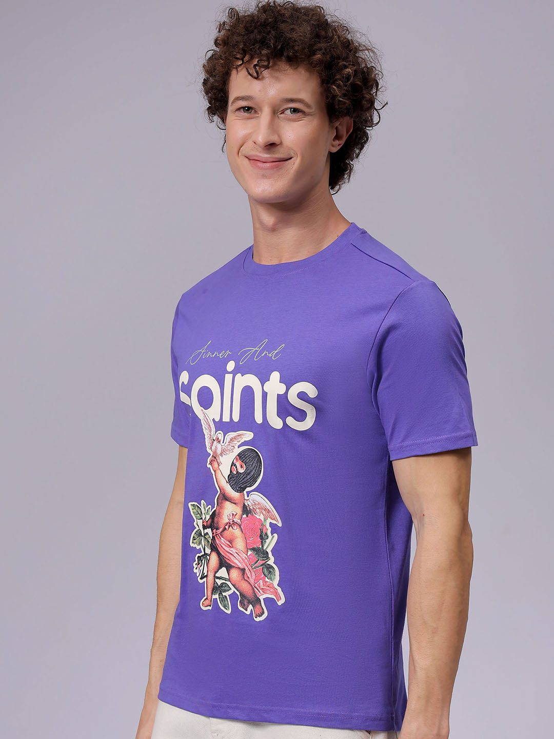 Men's Purple Slim Fit Placement Print Round Neck T-shirt