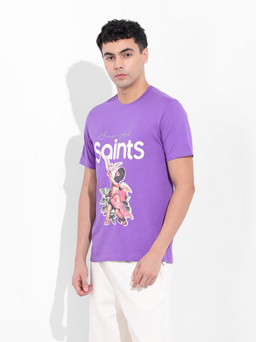 Men's Purple Slim Fit Placement Print Round Neck T-shirt