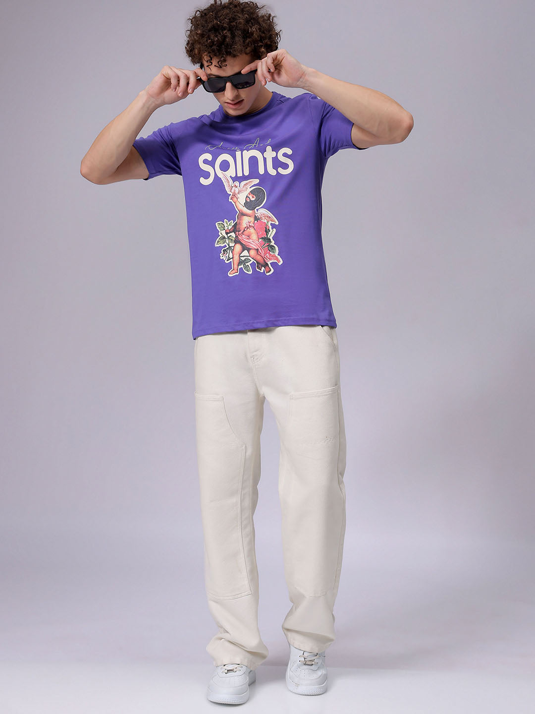Men's Purple Slim Fit Placement Print Round Neck T-shirt