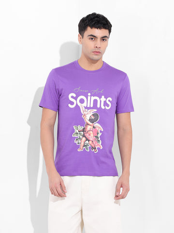 Men's Purple Slim Fit Placement Print Round Neck T-shirt