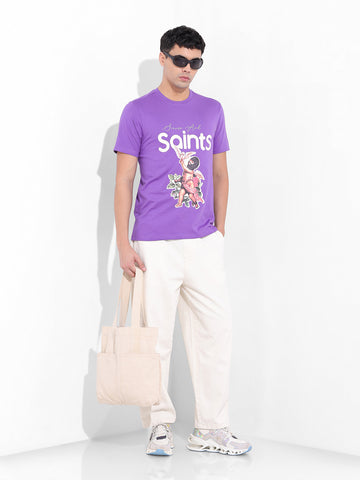 Men's Purple Slim Fit Placement Print Round Neck T-shirt