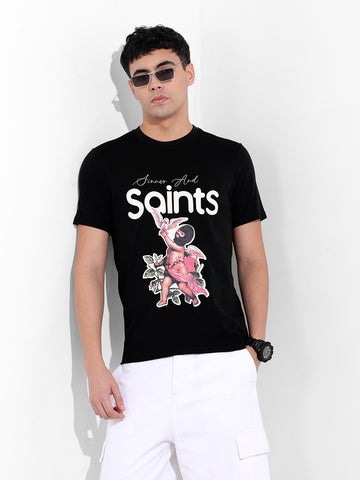 Men's Black Slim Fit Placement Print Round Neck T-shirt