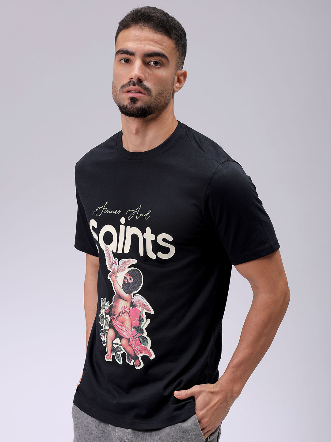 Men's Black Slim Fit Placement Printed T-Shirt