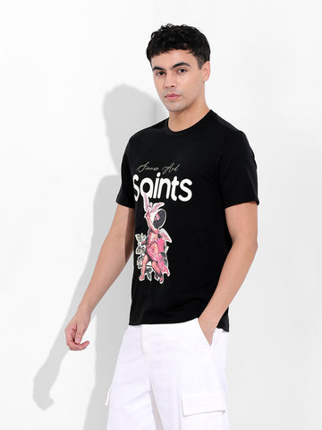 Men's Black Slim Fit Placement Print Round Neck T-shirt