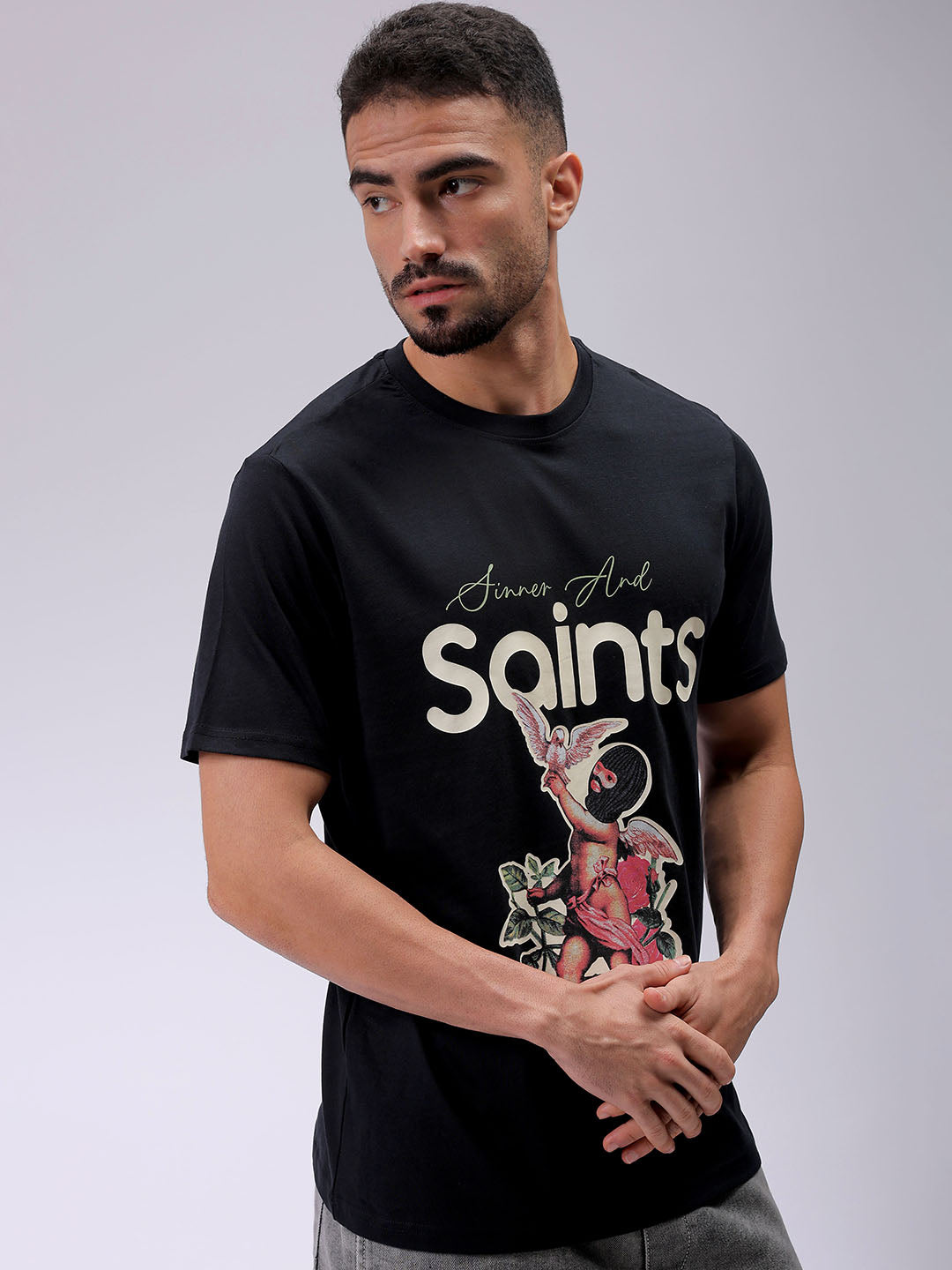 Men's Black Slim Fit Placement Printed T-Shirt