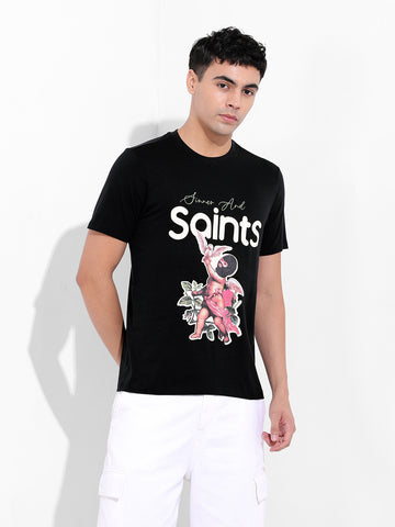 Men's Black Slim Fit Placement Print Round Neck T-shirt