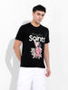Men's Black Slim Fit Placement Print Round Neck T-shirt