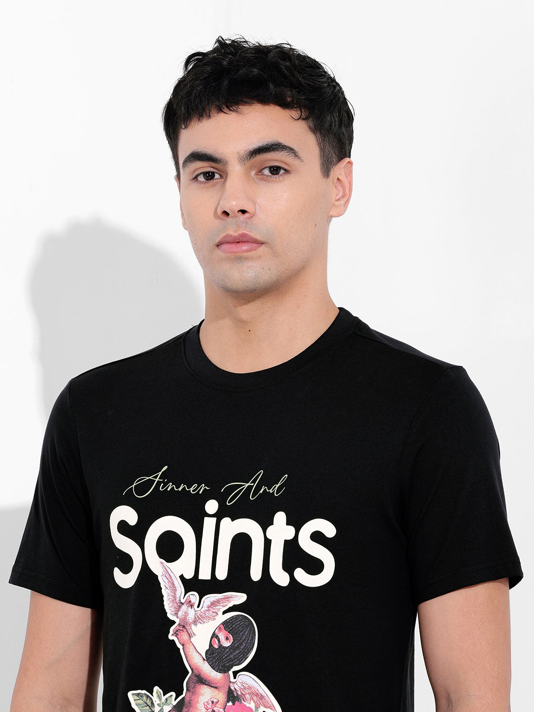 Men's Black Slim Fit Placement Print Round Neck T-shirt