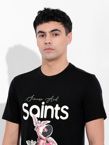 Men's Black Slim Fit Placement Print Round Neck T-shirt