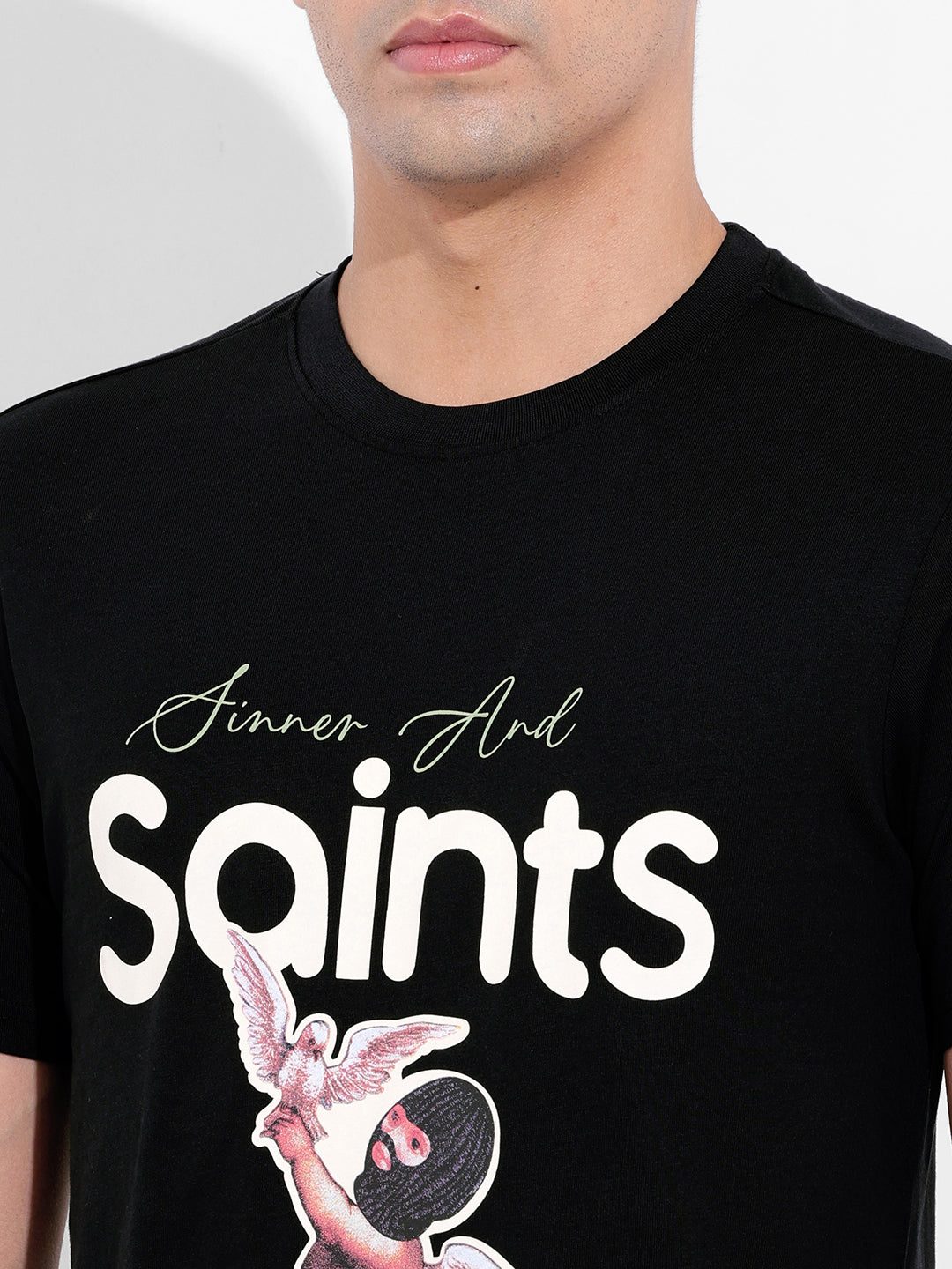 Men's Black Slim Fit Placement Print Round Neck T-shirt