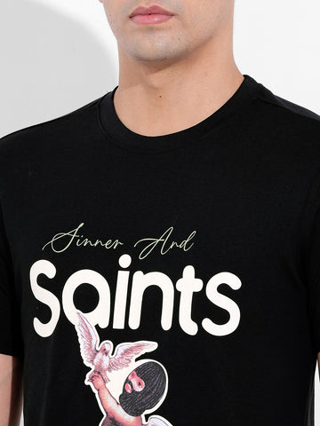 Men's Black Slim Fit Placement Print Round Neck T-shirt