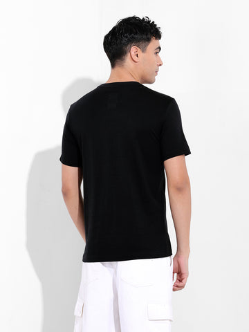 Men's Black Slim Fit Placement Print Round Neck T-shirt