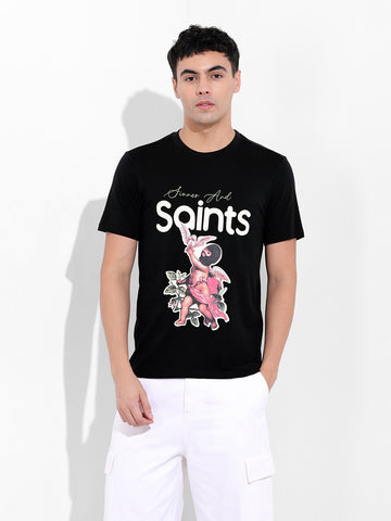 Men's Black Slim Fit Placement Print Round Neck T-shirt