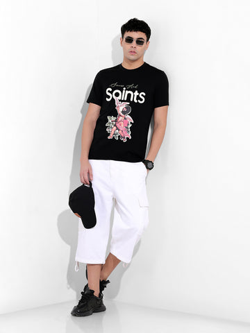 Men's Black Slim Fit Placement Print Round Neck T-shirt
