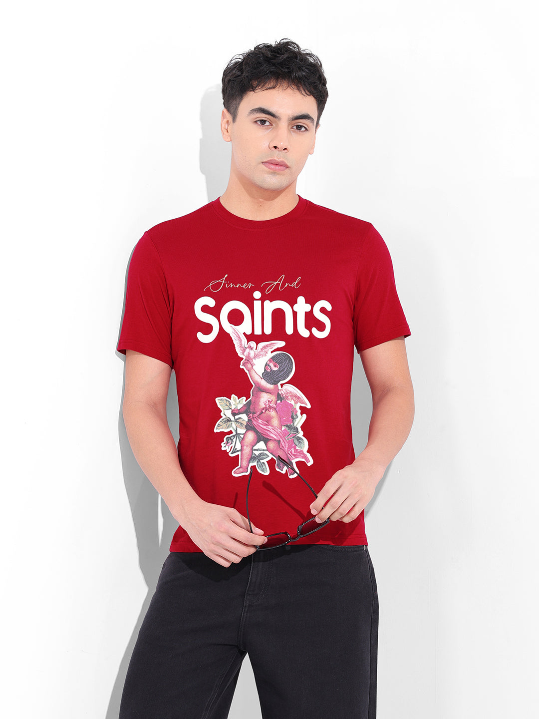 Men's Red Slim Fit Graphic Printed T-Shirt