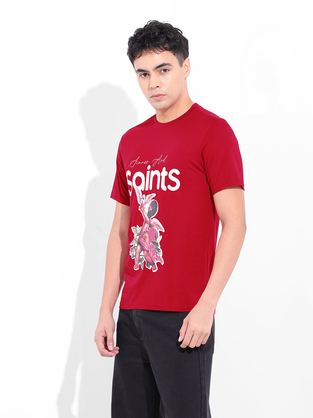 Men's Red Slim Fit Graphic Printed T-Shirt