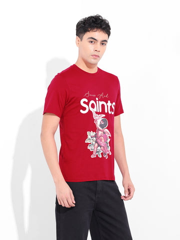 Men's Red Slim Fit Graphic Printed T-Shirt