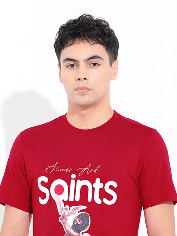 Men's Red Slim Fit Graphic Printed T-Shirt