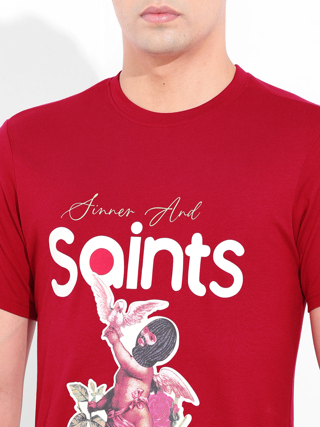 Men's Red Slim Fit Graphic Printed T-Shirt