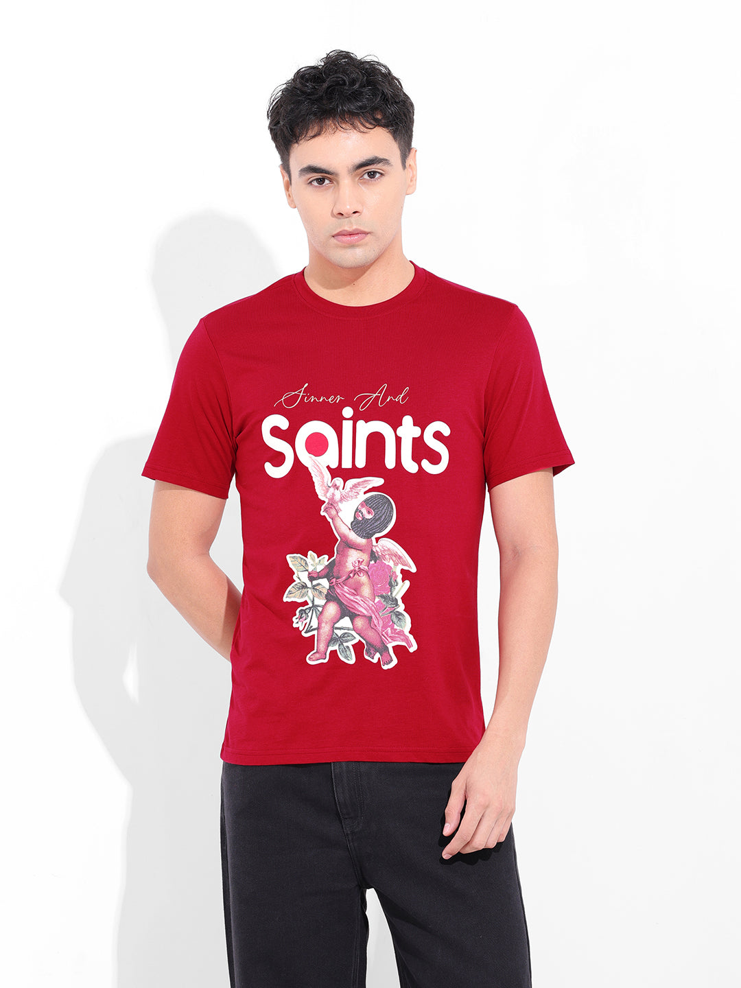 Men's Red Slim Fit Graphic Printed T-Shirt