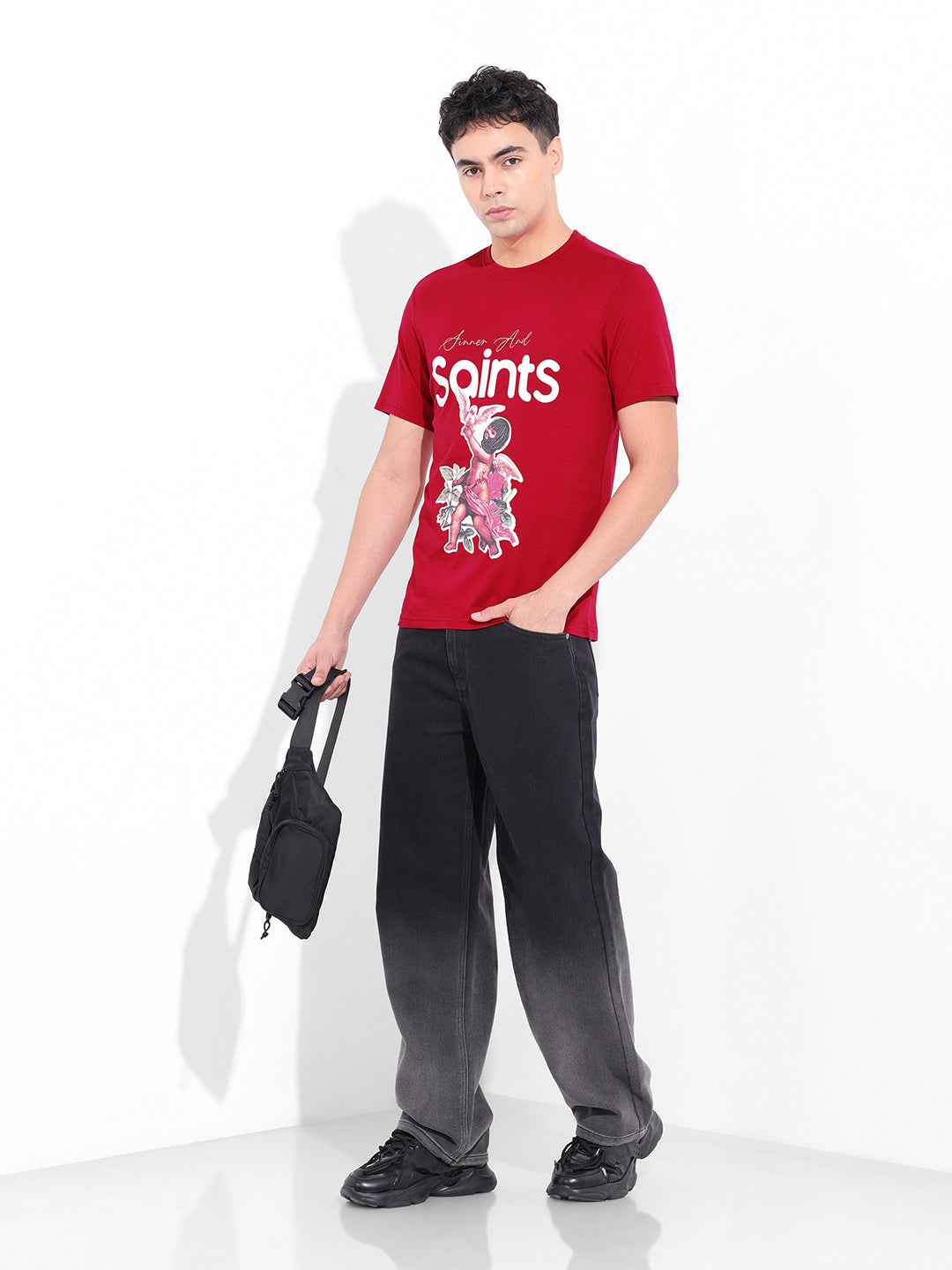 Men's Red Slim Fit Graphic Printed T-Shirt